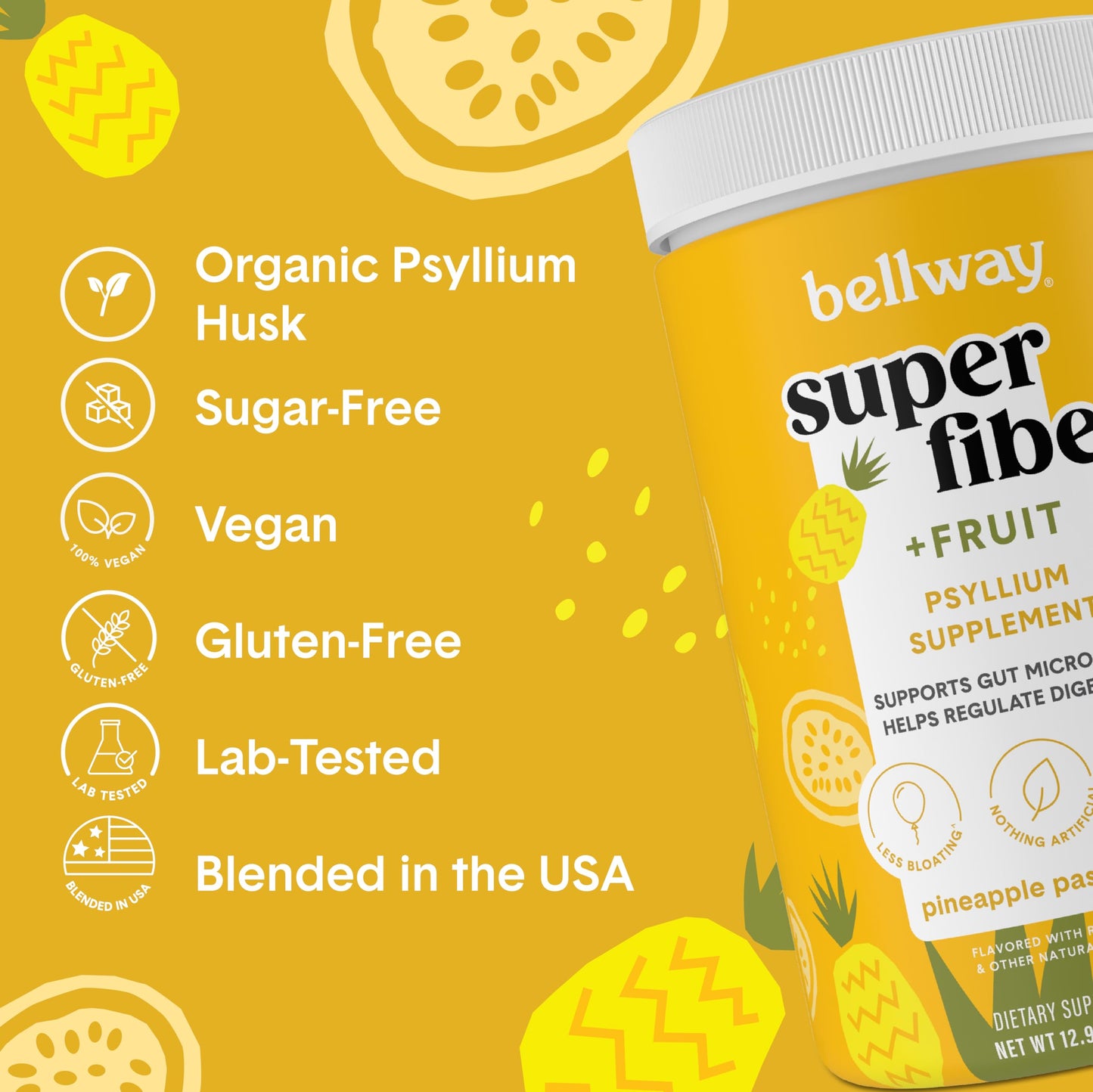 Bellway Super Fiber Powder + Fruit, Sugar Free Organic Psyllium Husk Powder Fiber Supplement for Regularity, Bloating Relief & Gut Health, Non-GMO, Plant-Based, Pineapple Passion Fruit (50 Servings)