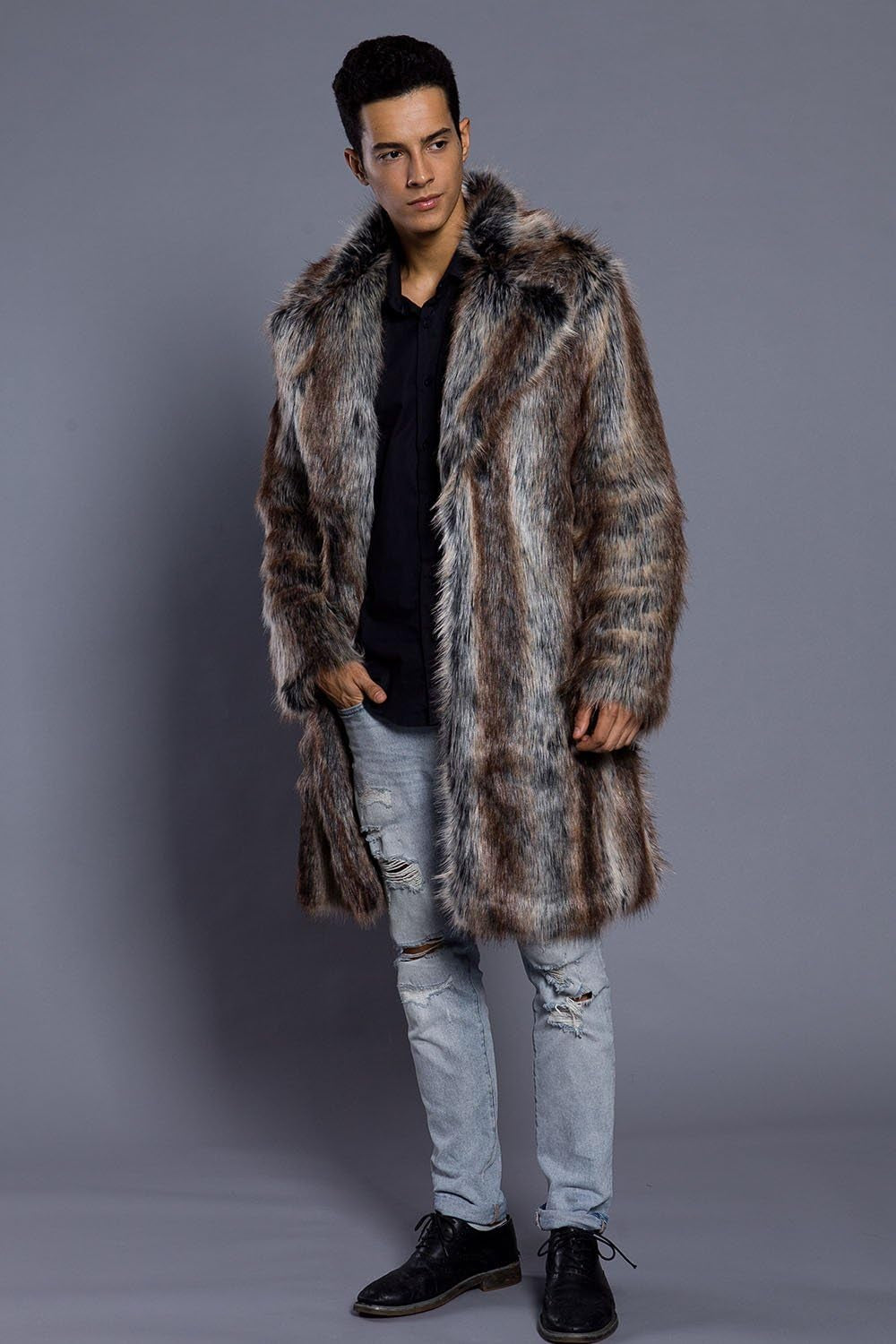 Men'S Luxury Faux Fur Coat Jacket Winter Warm Long Coats Overwear Outwear