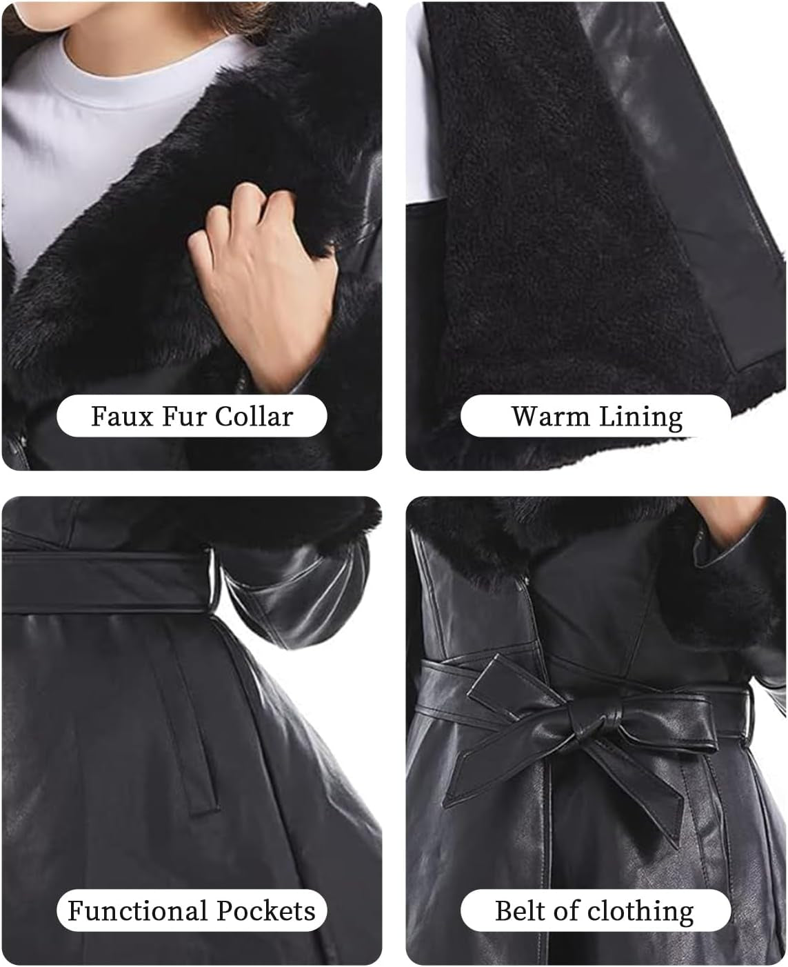 Women'S Faux Leather Jacket with Faux Fur Collar, Winter Long Sleeve Furry Trim Peplum Parka Coat with Belt