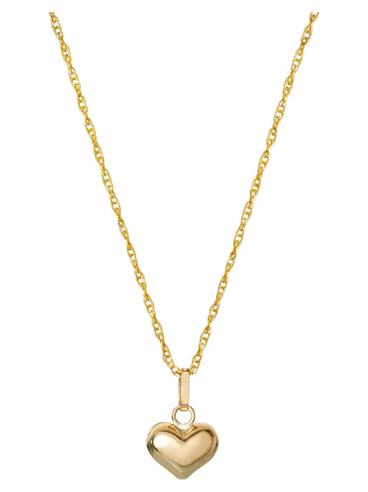 Girl’S 14K Yellow Gold Puff Heart Pendant, 16” Chain