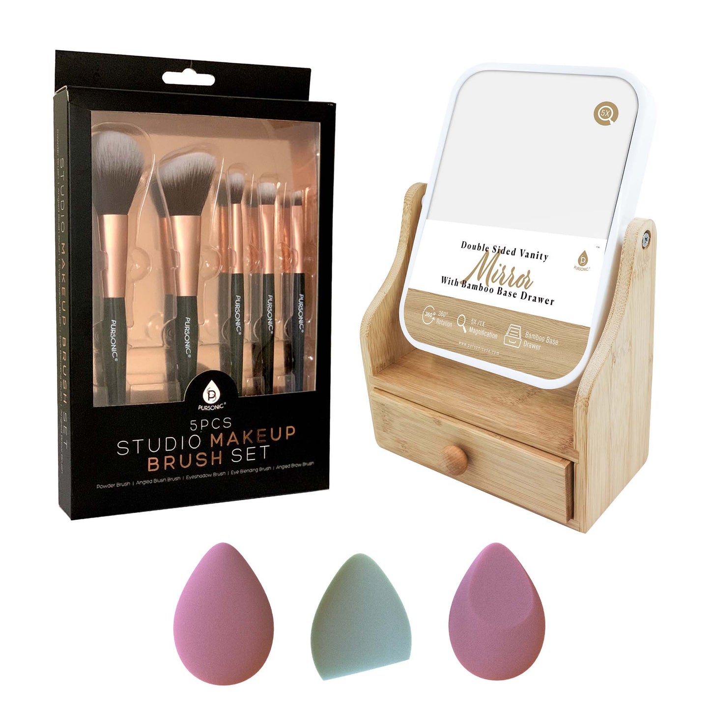 Pursonic Beauty Essentials Set – Makeup Brushes, Sponges & Vanity Mirror