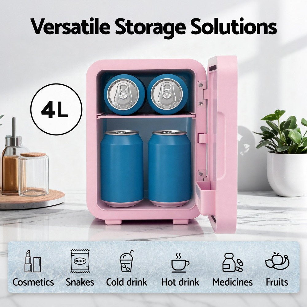 Glacio Mini Skincare Fridge 4L – Pink LED Mirror Beauty Cooler & Warmer