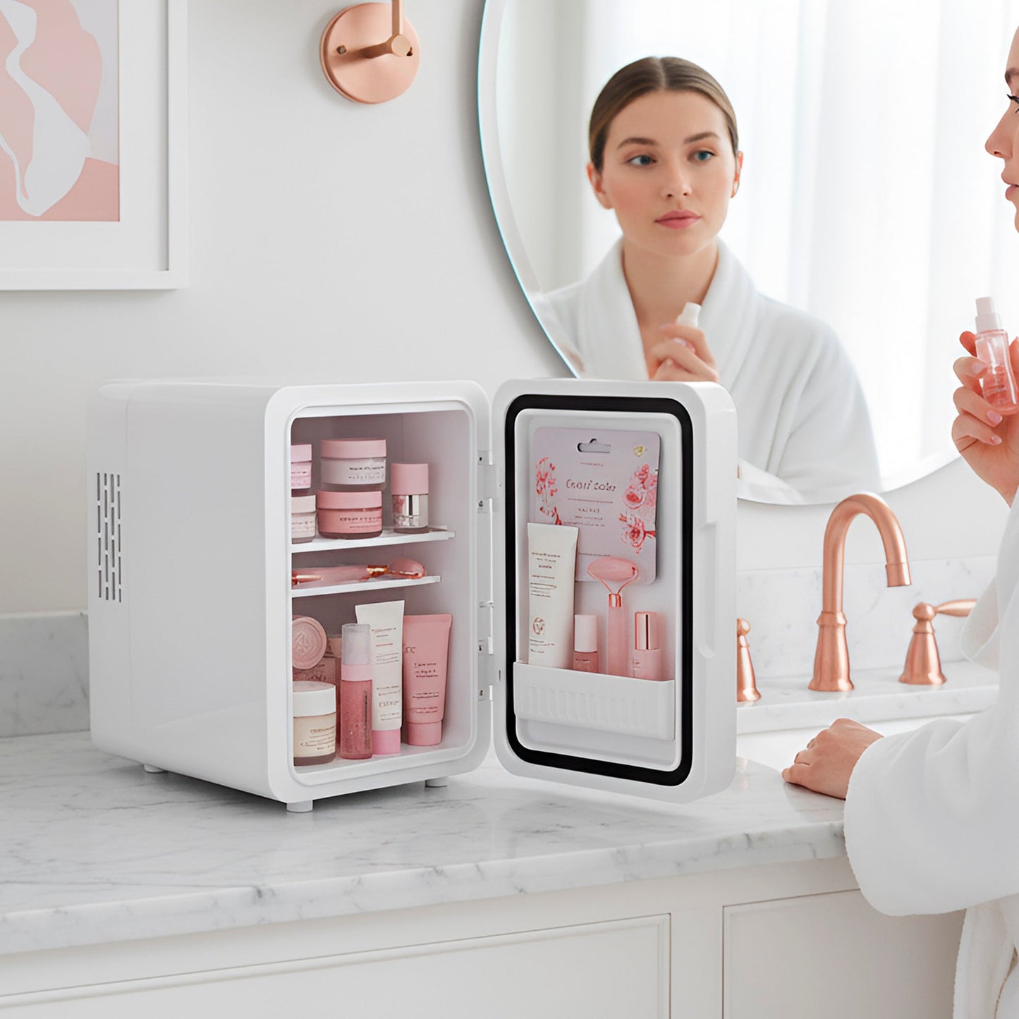 Pursonic Mini Beauty Fridge with LED Mirror Door – Skincare Cooler Organizer