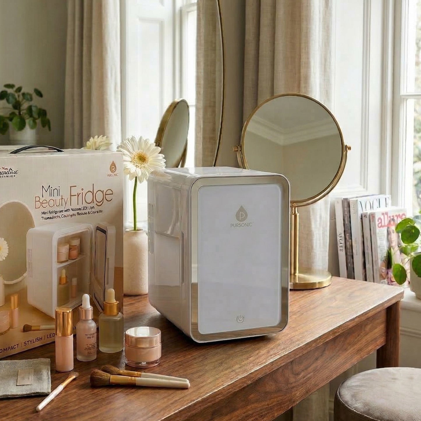 Pursonic Mini Beauty Fridge with LED Mirror Door – Skincare Cooler Organizer