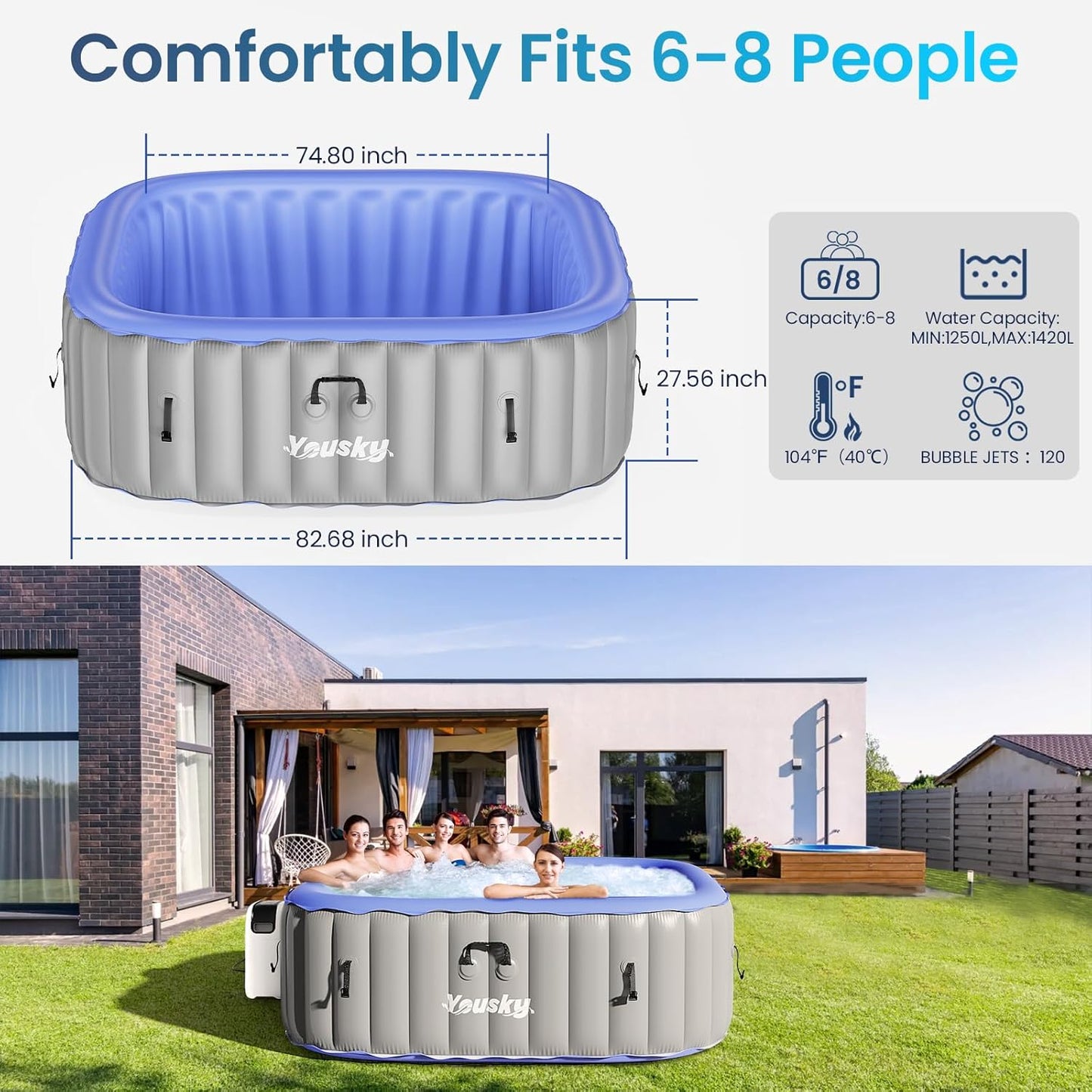 Inflatable Hot Tub 6-8 Person – Portable with 120 Bubble Jets, 104℉ Heating & Filtration System, Durable PVC Material, Hot Tub Cover, 83" L X 83" W X 26" H, Easy Set-Up for Outdoor and Indoor