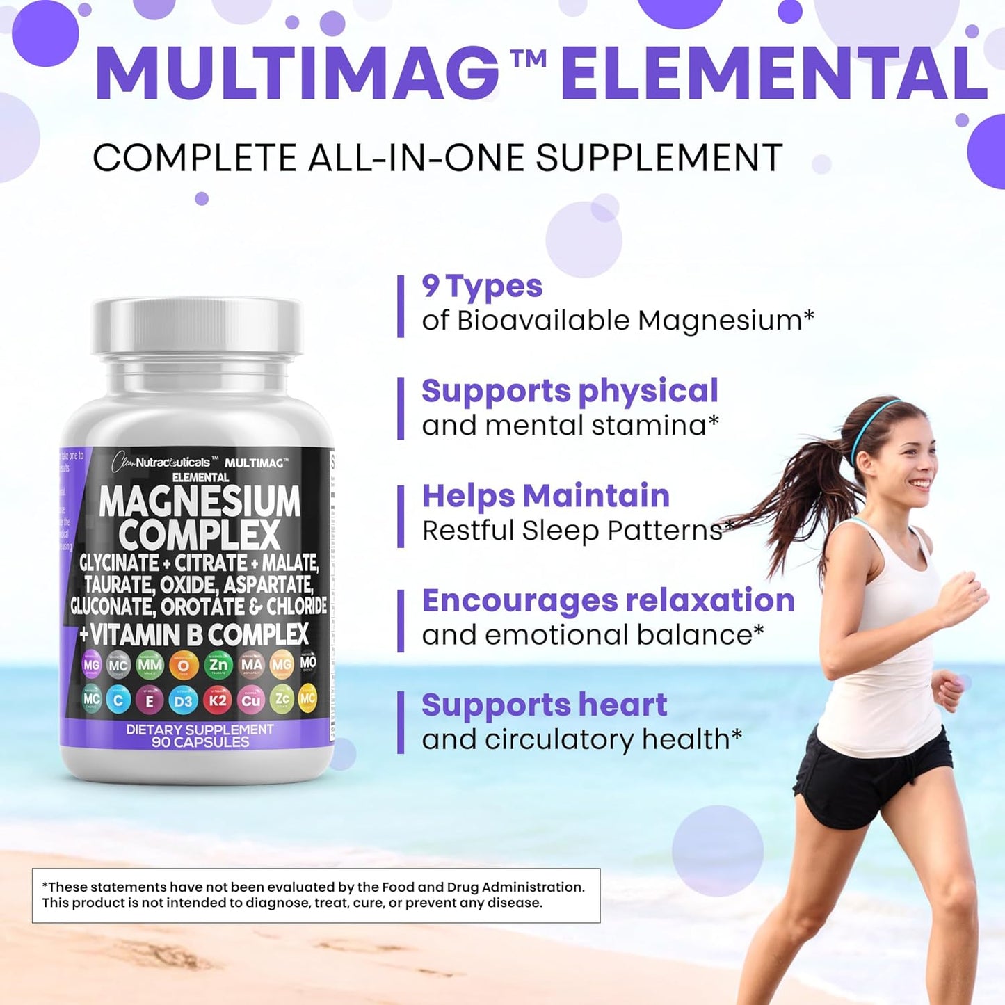 Magnesium Complex with Magnesium Glycinate Citrate Malate Oxide Taurate Aspartate Orotate & Mag Chloride, Zinc Copper Manganese & Vitamin C B1 B2 B6 B12 Complex - 1Pack