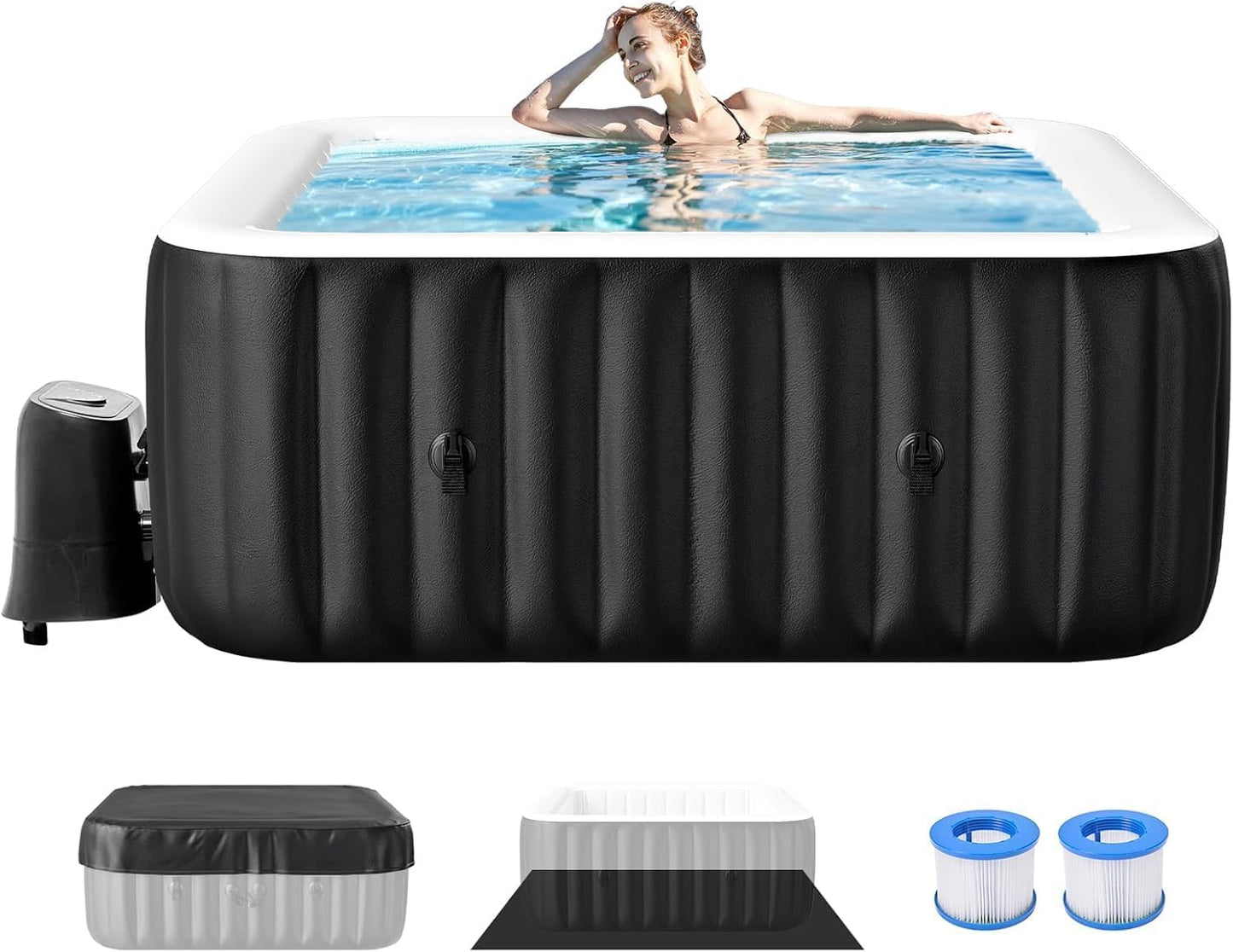 2 Person Oval Inflatable Hot Tub, 100 Air Jets, 145 Gal, Black, PVC, Oval Shape, 75' L X 47'W X 25'H