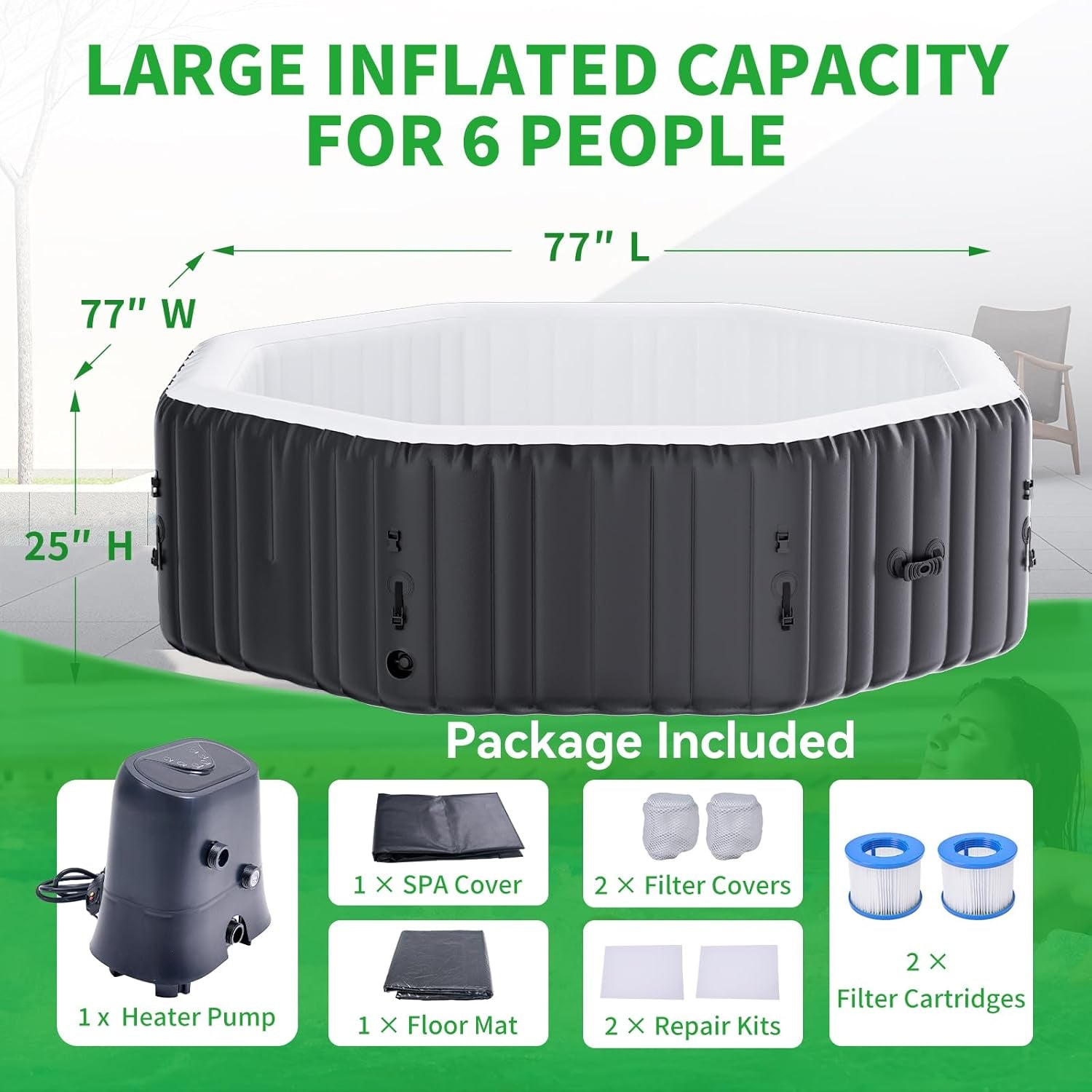 Inflatable Hot Tub, 4-6 Person Polygon Portable Blow up Hot Tub, Leak-Proof PVC Outdoor Spa with 130 Strong Air Jets, Heater Pump and Insulated Cover, 77” X 77”X 25”