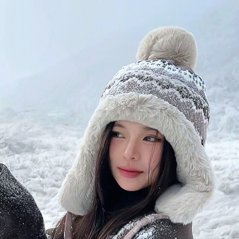 Lady Knit Bobble Hat with Ear Flaps Ear Warmer Furry Inner Winter Outdoor Casual