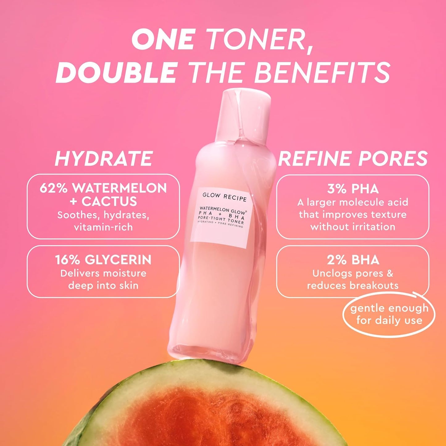 PHA + BHA Face Toner, Korean Exfoliating Toner for Pores, Gentle Chemical Exfoliant + Hydrating Toner, Watermelon, Cactus Water + Glycerin (150Ml)