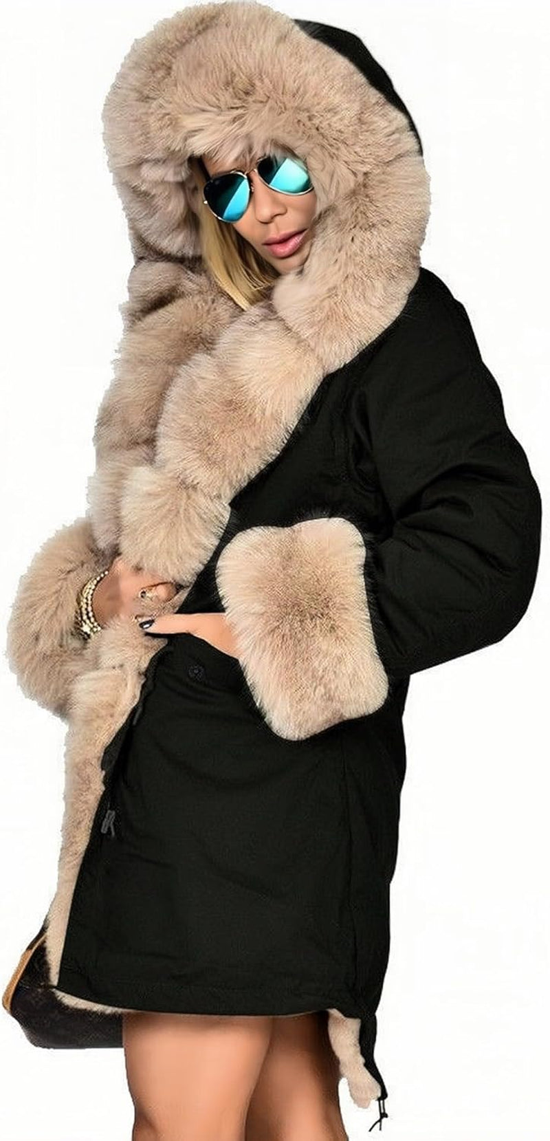 Women'S Faux Fur Lined Coat Hooded Warm Winter Outwear Thicken Jackets Parka Long Cardigan