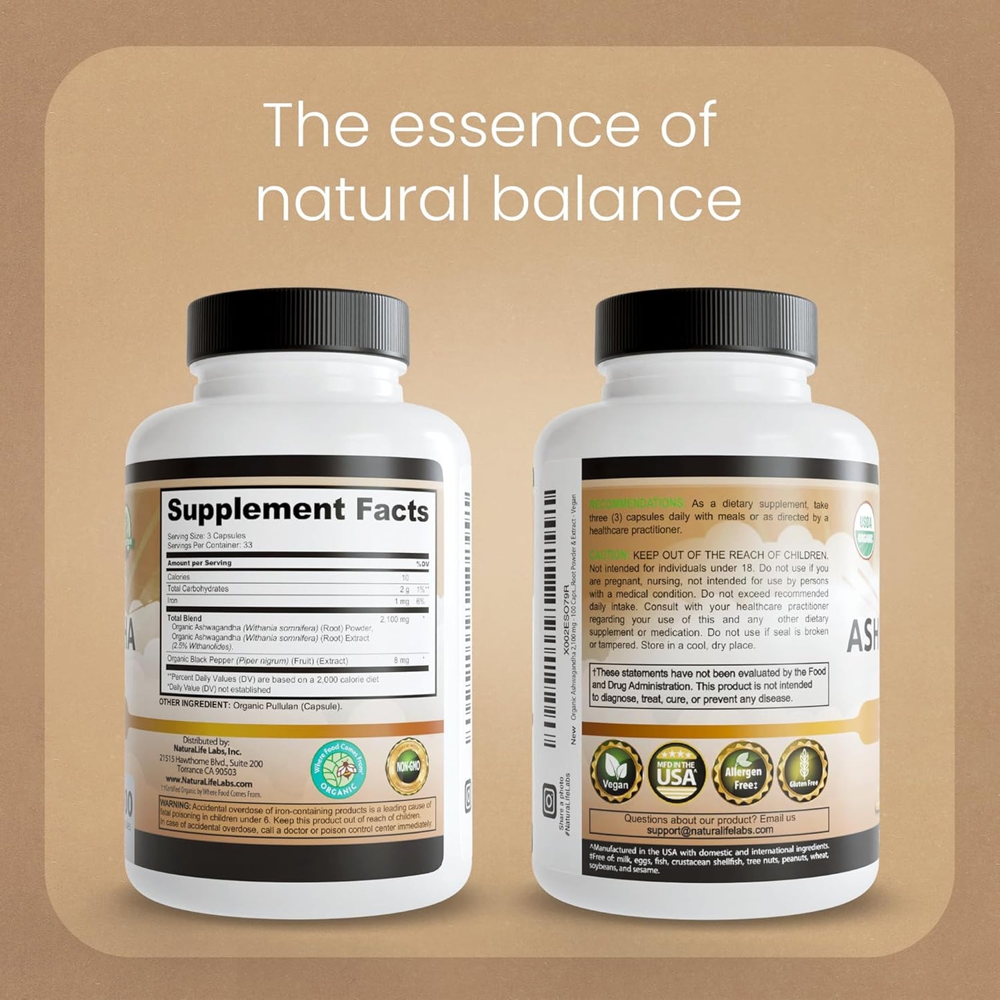 Organic Ashwagandha 2100 Mg per Serving – Root Powder & Extract – 100 Capsules – Vegan, Non-Gmo, Gluten-Free