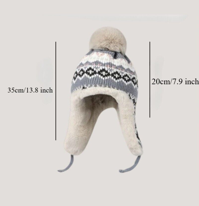 Lady Knit Bobble Hat with Ear Flaps Ear Warmer Furry Inner Winter Outdoor Casual