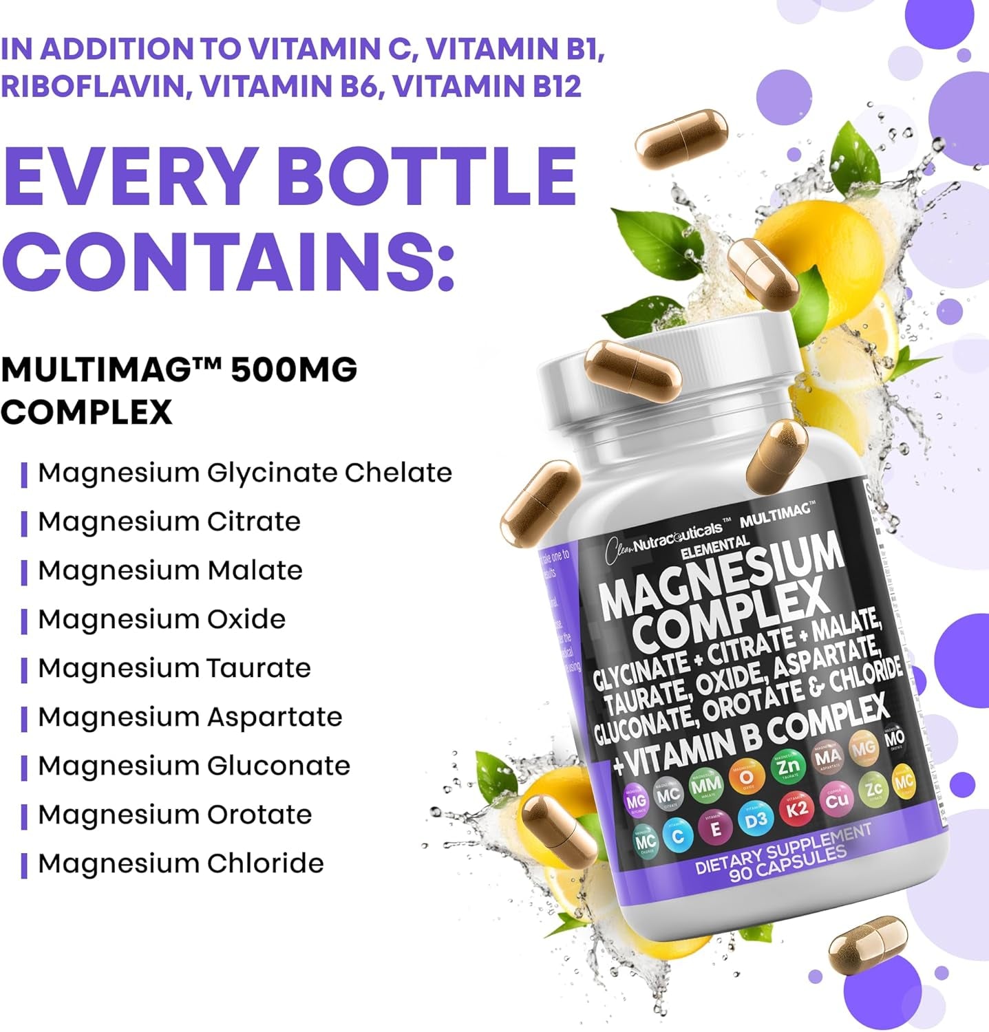 Magnesium Complex with Magnesium Glycinate Citrate Malate Oxide Taurate Aspartate Orotate & Mag Chloride, Zinc Copper Manganese & Vitamin C B1 B2 B6 B12 Complex - 1Pack
