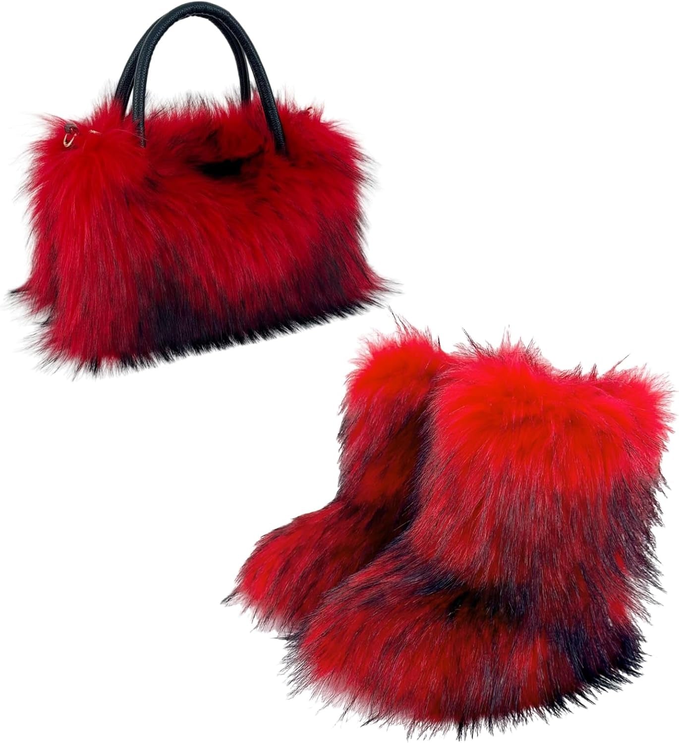 Faux Fur Tote Bag Women'S Shoulder Handbags Fluffy Handbags Winter Handbag Boots Set Plush Tote Bag Mid Calf Boots, Red 39