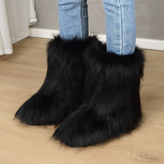 Women Faux Fur Boots Fuzzy Fluffy Furry round Toe Winter Snow Boots Warm Shoes