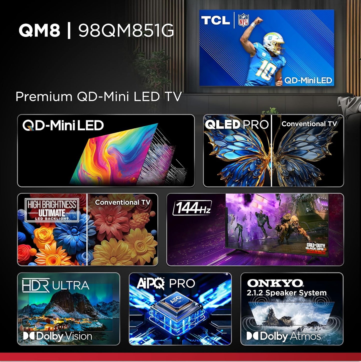 98-Inch QM85 QLED 4K Smart Qd-Mini LED TV with Google TV (98QM851G, 2024 Model) Dolby Vision IQ HDR, Dolby Atmos, Game Accelerator up to 240Hz, Voice Remote, Works with Alexa, Streaming Television