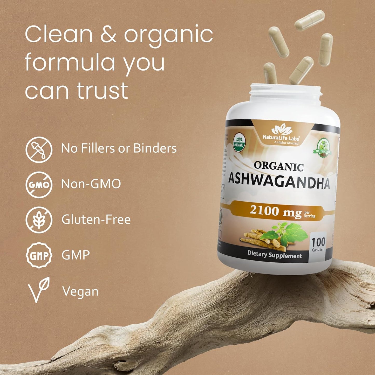 Organic Ashwagandha 2100 Mg per Serving – Root Powder & Extract – 100 Capsules – Vegan, Non-Gmo, Gluten-Free