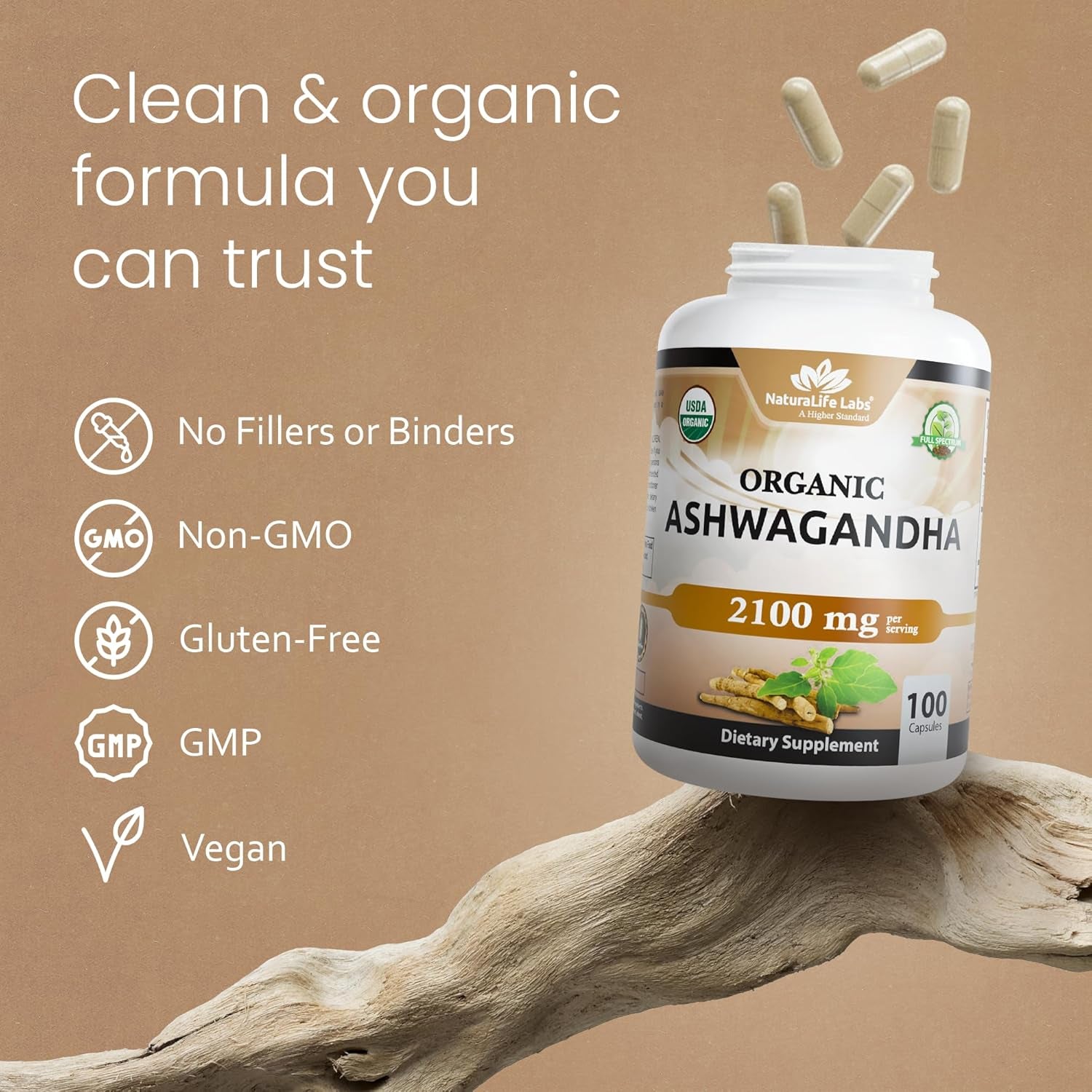 Organic Ashwagandha 2100 Mg per Serving – Root Powder & Extract – 100 Capsules – Vegan, Non-Gmo, Gluten-Free