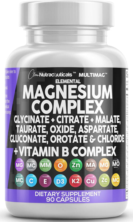 Magnesium Complex with Magnesium Glycinate Citrate Malate Oxide Taurate Aspartate Orotate & Mag Chloride, Zinc Copper Manganese & Vitamin C B1 B2 B6 B12 Complex - 1Pack