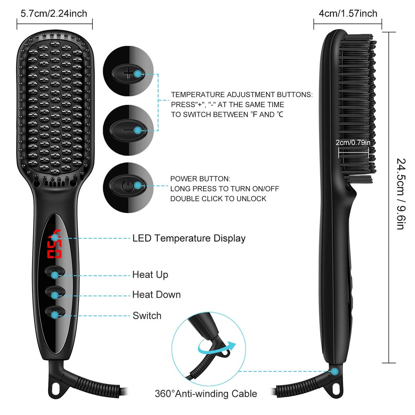 2 in1 Hair Straightener Brush Heating Beard Clip Comb Styler Electric Ionic Straightening Brush