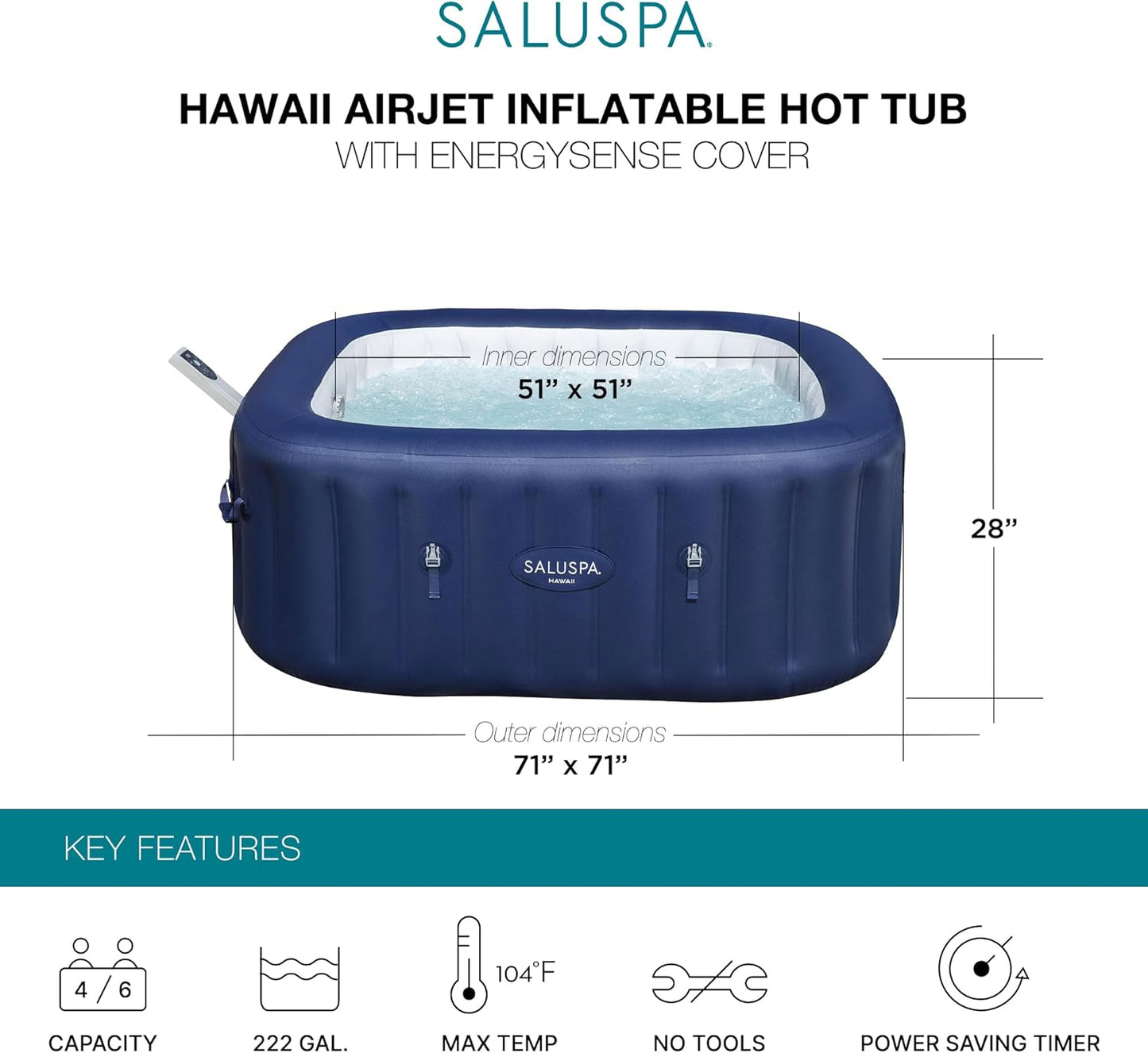 Saluspa Hawaii Smart Airjet Inflatable Hot Tub Square Portable 4 to 6 Person Spa with 140 Airjets, App Control and Energysense Cover, Blue