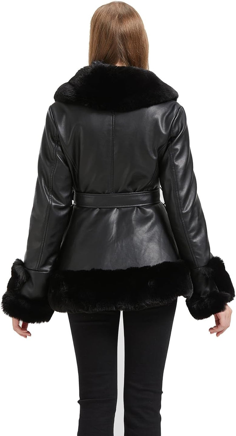 Women'S Faux Leather Jacket with Faux Fur Collar, Winter Long Sleeve Furry Trim Peplum Parka Coat with Belt