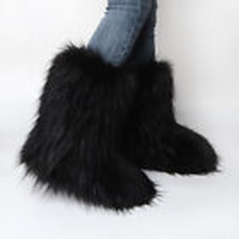 Women Faux Fur Boots Fuzzy Fluffy Furry round Toe Winter Snow Boots Warm Shoes