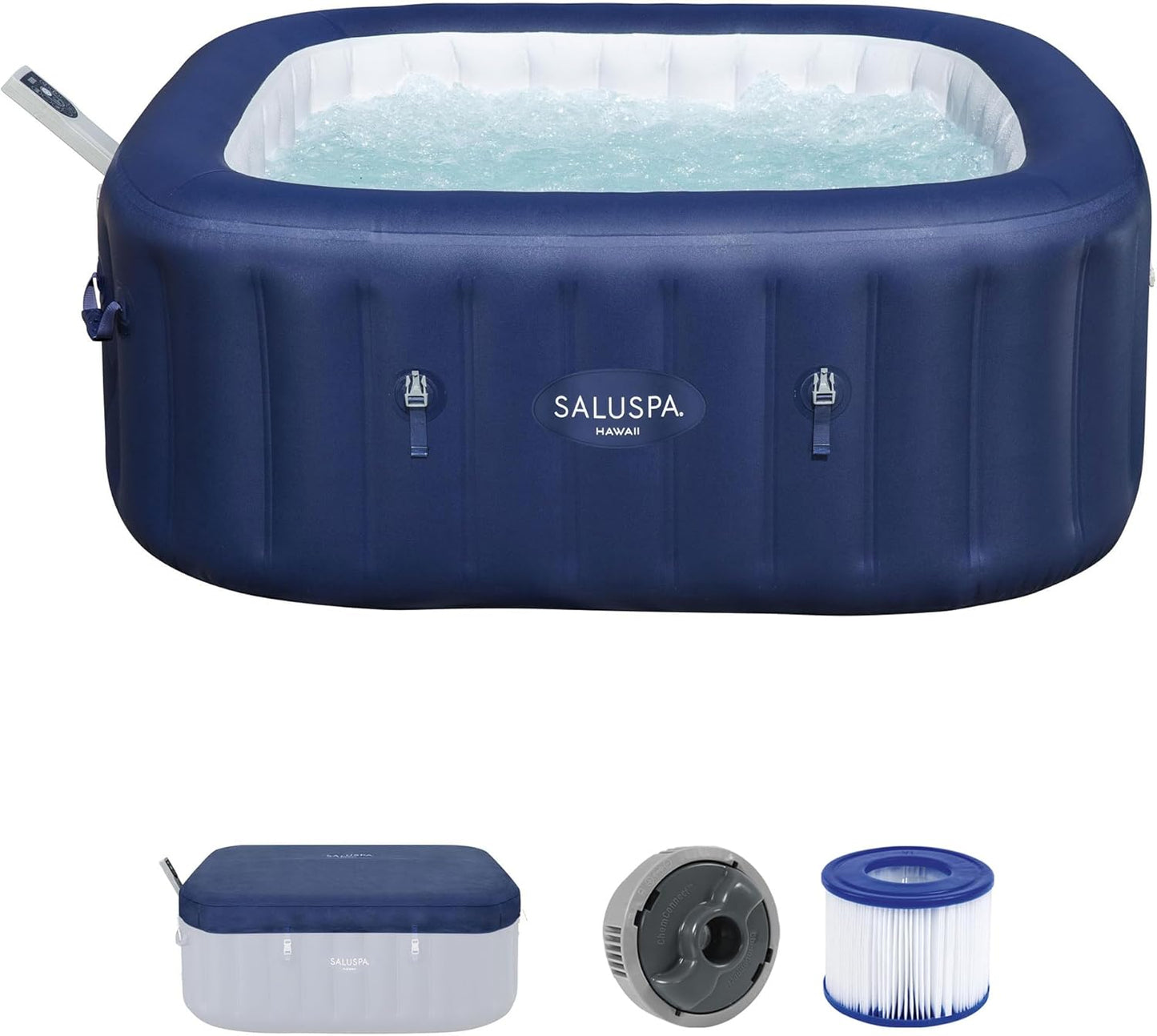 Saluspa Hawaii Smart Airjet Inflatable Hot Tub Square Portable 4 to 6 Person Spa with 140 Airjets, App Control and Energysense Cover, Blue