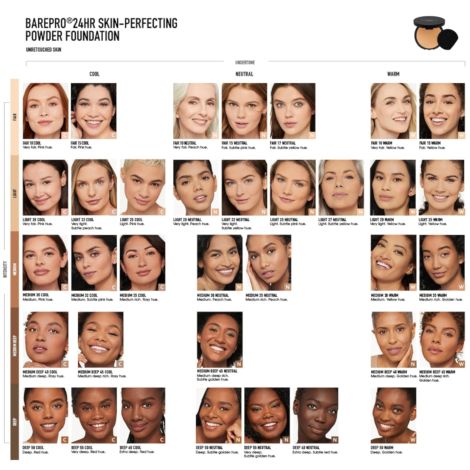 Barepro Skin-Perfecting Powder Foundation, Matte Pressed Powder Foundation Full Coverage with Plant-Based Squalene, Talc-Fee Pressed Powder Compact, Oil Control, Vegan