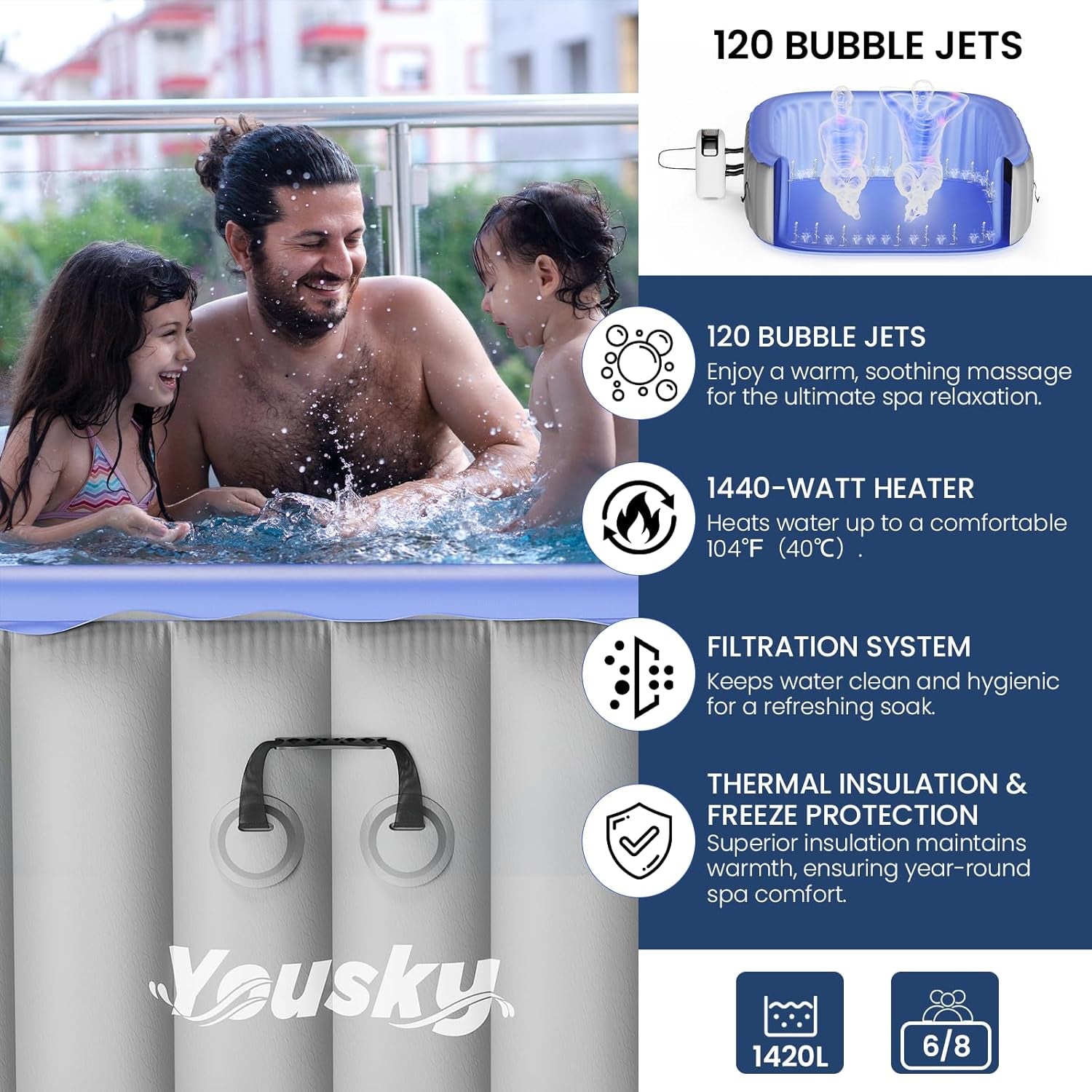 Inflatable Hot Tub 6-8 Person – Portable with 120 Bubble Jets, 104℉ Heating & Filtration System, Durable PVC Material, Hot Tub Cover, 83" L X 83" W X 26" H, Easy Set-Up for Outdoor and Indoor