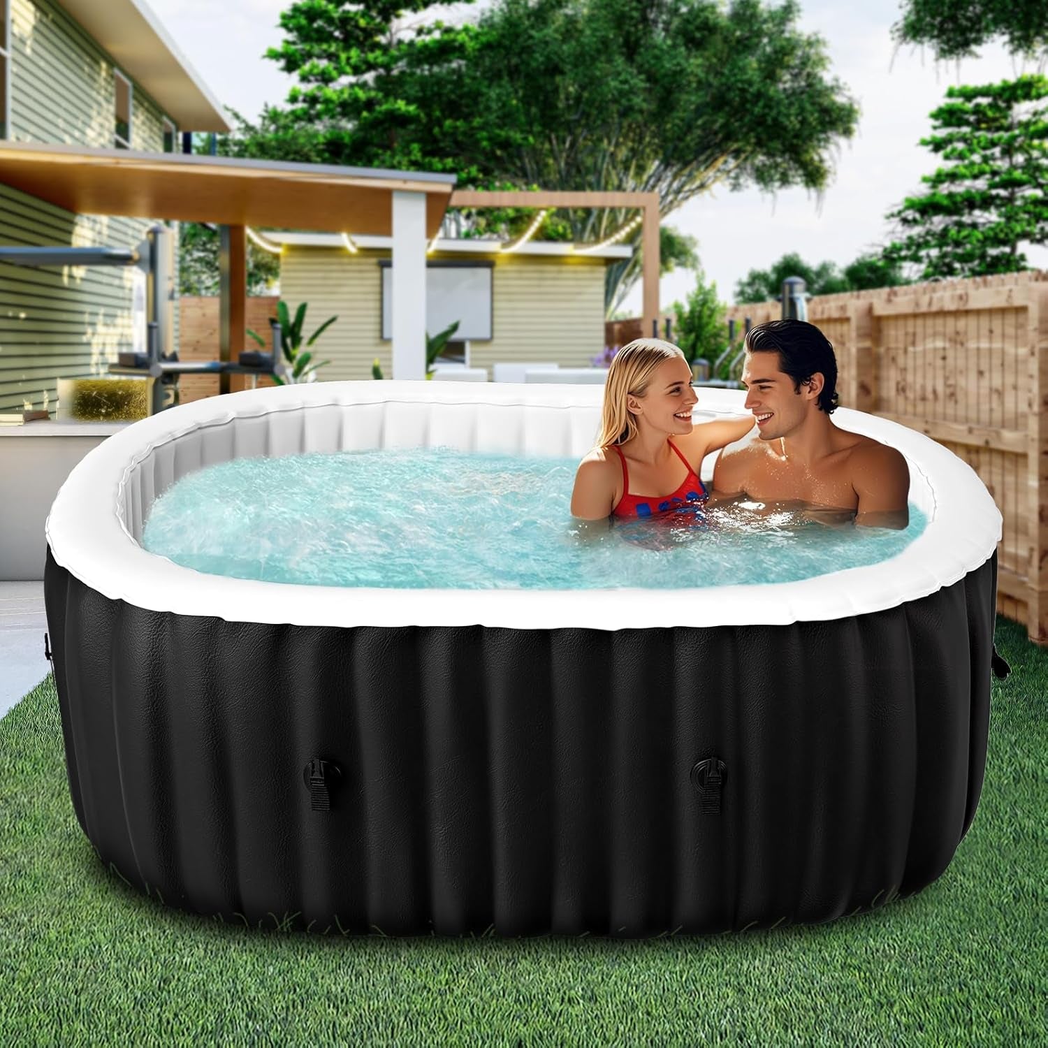 Inflatable Hot Tub, 4-6 Person Polygon Portable Blow up Hot Tub, Leak-Proof PVC Outdoor Spa with 130 Strong Air Jets, Heater Pump and Insulated Cover, 77” X 77”X 25”