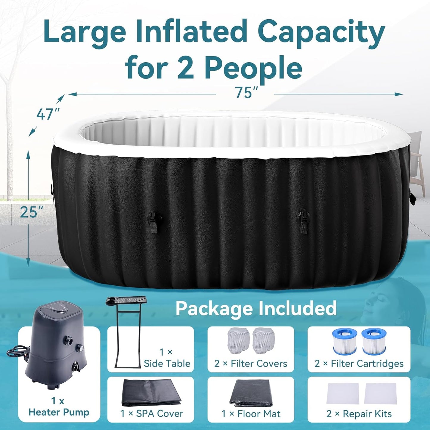 2 Person Oval Inflatable Hot Tub, 100 Air Jets, 145 Gal, Black, PVC, Oval Shape, 75' L X 47'W X 25'H